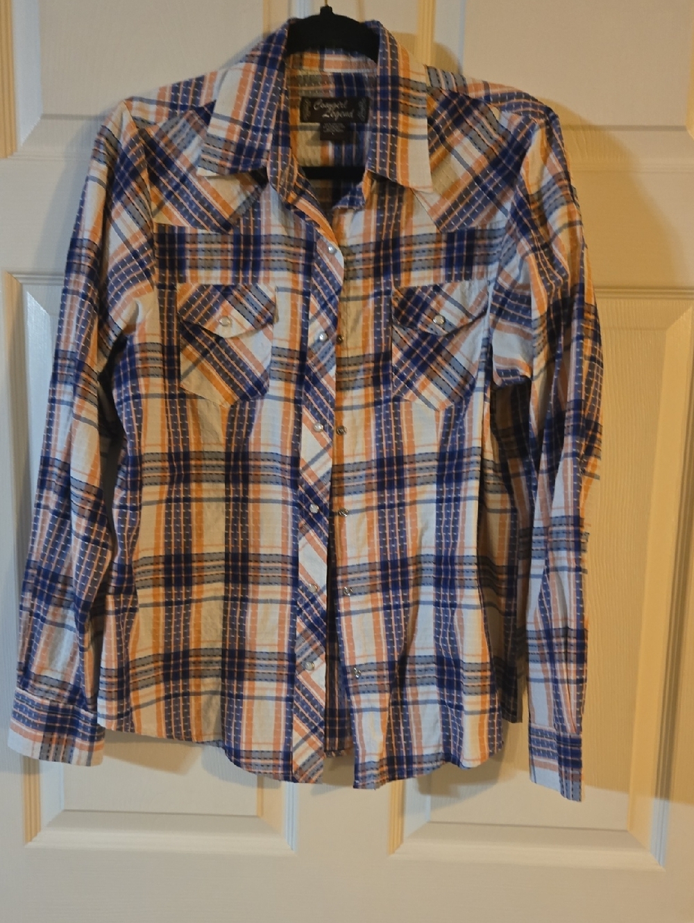 Cowgirl Legend Plaid Western Shirt -pearl Snap Buttons Blue, Tan & Cream L